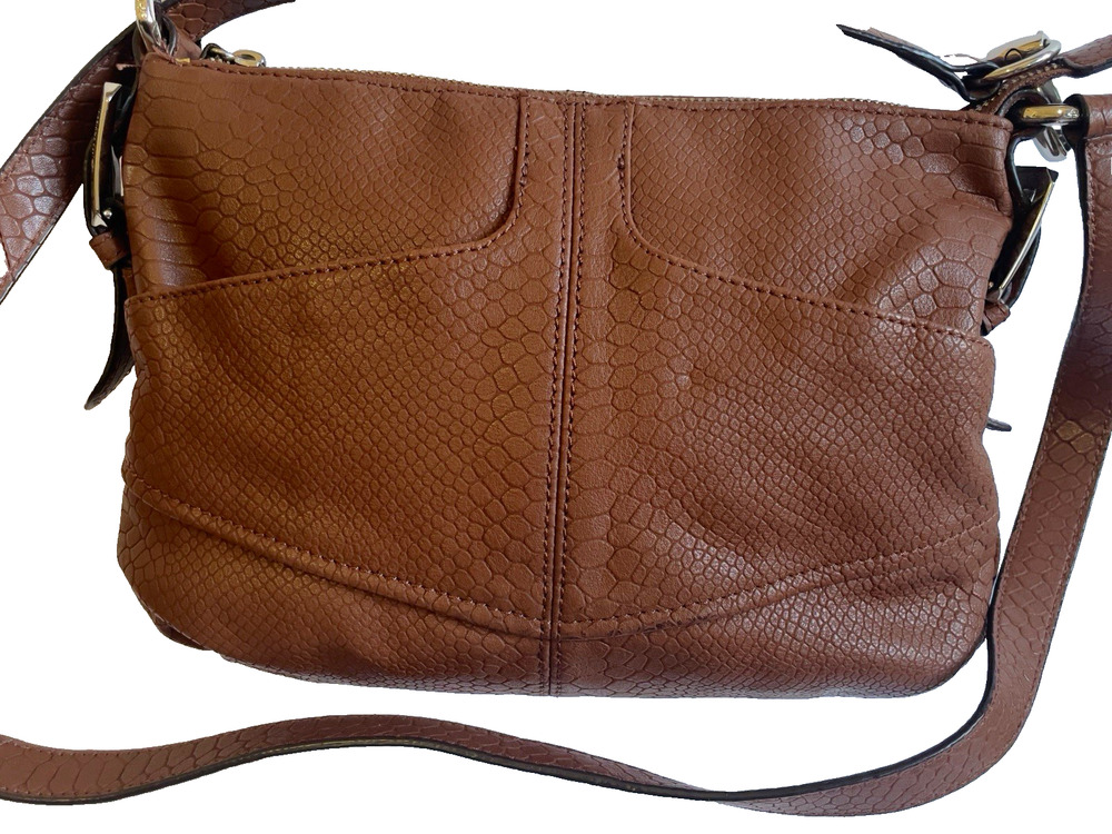B.Makowsky Brown Embossed Crossbody Bag Purse Zip Adjustable Strap Inner Pockets